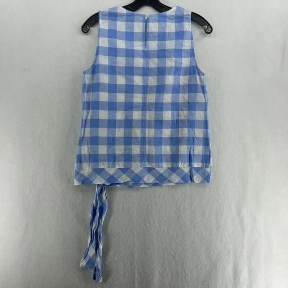 J.Crew Blouse Women's Sz 2 Blue Gingham Round Neck Side-Tie Back Keyhole - Picture 2 of 11